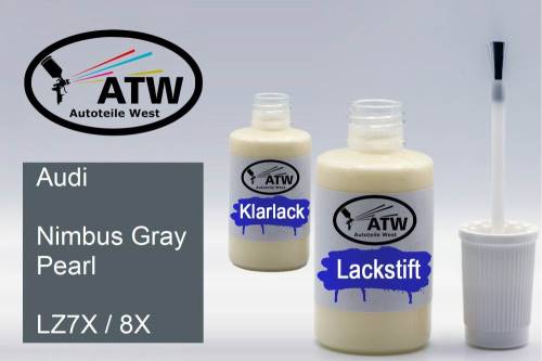 Audi, Nimbus Gray Pearl, LZ7X / 8X: 20ml Lackstift + 20ml Klarlack - Set, von ATW Autoteile West.